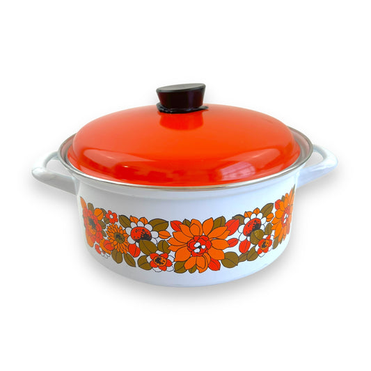 Floral Enamelware Cookpot – White & Orange Retro flower pattern with orange Lid