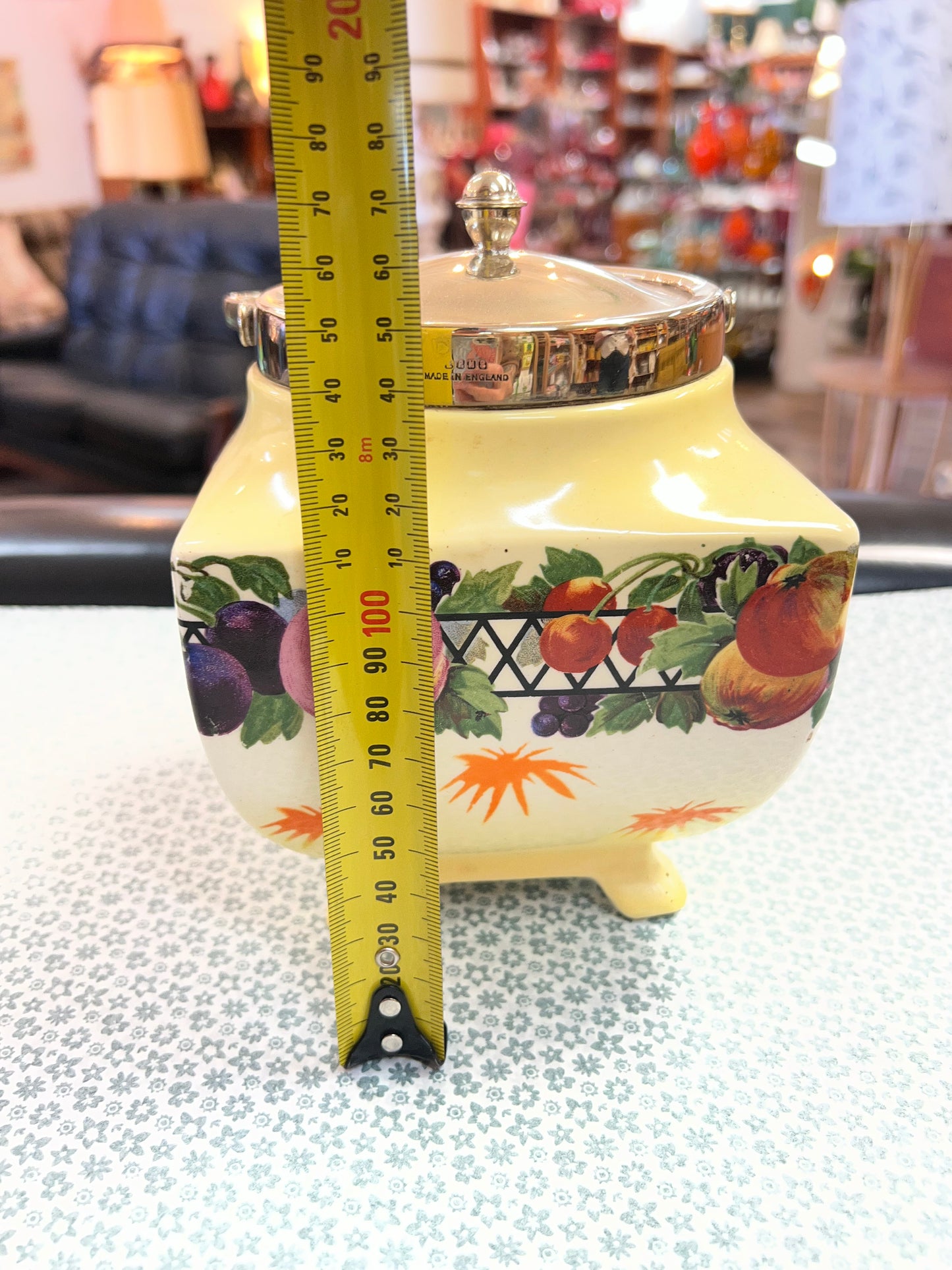 Sadler Fruit Design Biscuit Jar with Chrome Lid & Handle – Made in England