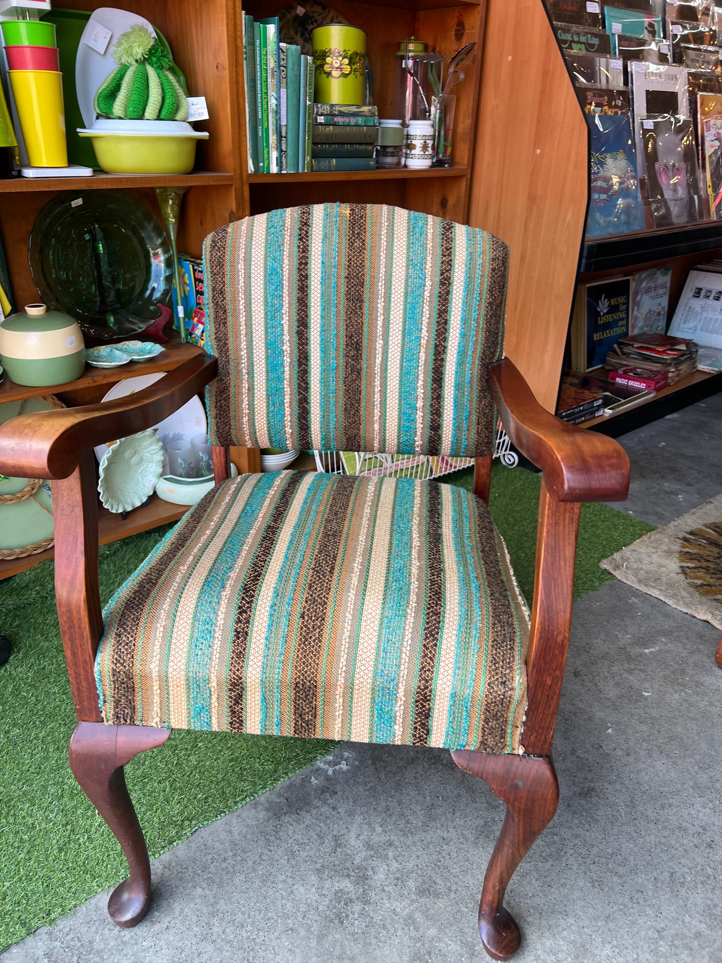 Occasional Armchair with Sculptural Timber Frame & Retro Stripe Upholstery