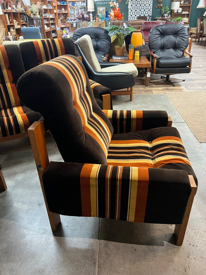 #1 Danish Deluxe Armchair – Original Brown, Orange & Gold Striped Upholstery
