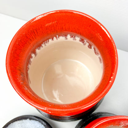 Mid Century Redish Orange & Black Glazed Kitchen Storage Jar Canisters with matching lids