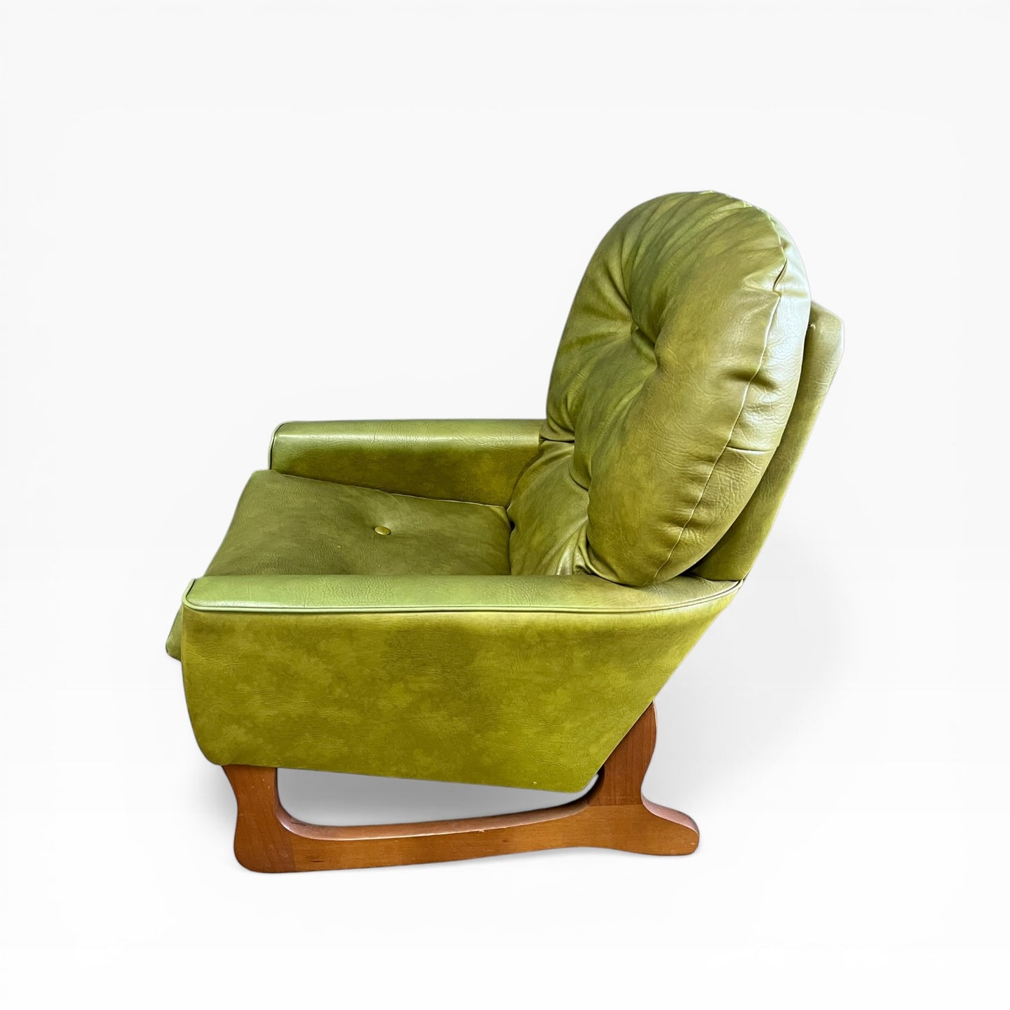 Olive Green Vinyl Lounge Armchair with Timber Sleigh Base