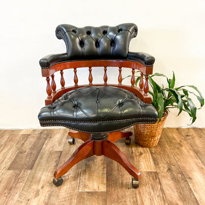 Black Leather & Wood Chesterfield Style Captains Office Chair