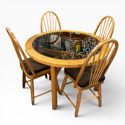 Wooden Round Glass Top Dining Table & 4 Chairs with brown velvet cushions