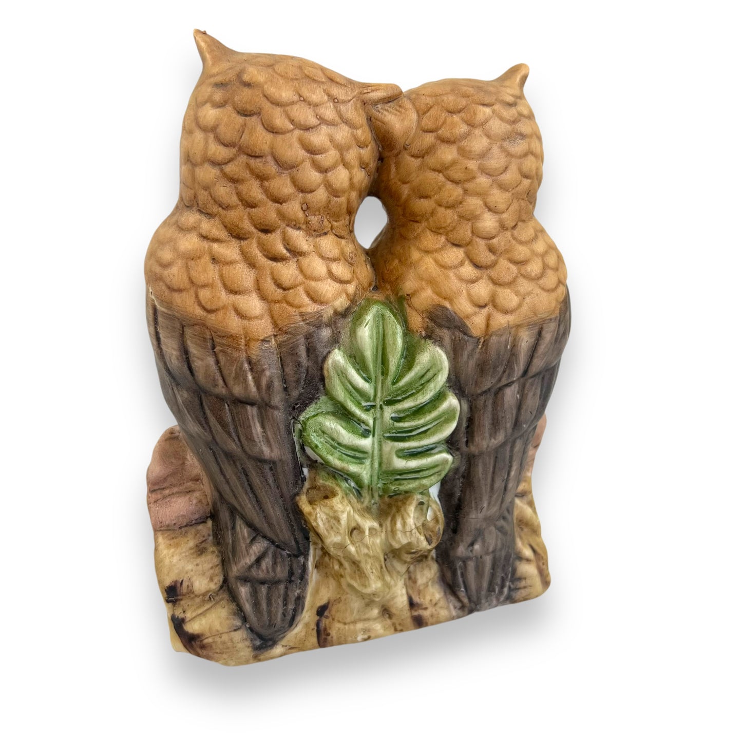 Flambro porcelain owls on a wooden log statue
