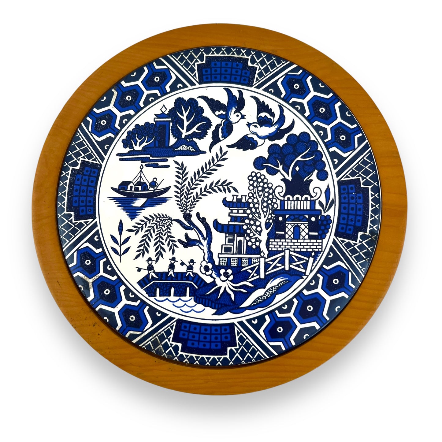 Blue Willow Oriental Pattern Trivet with Rosewood Base