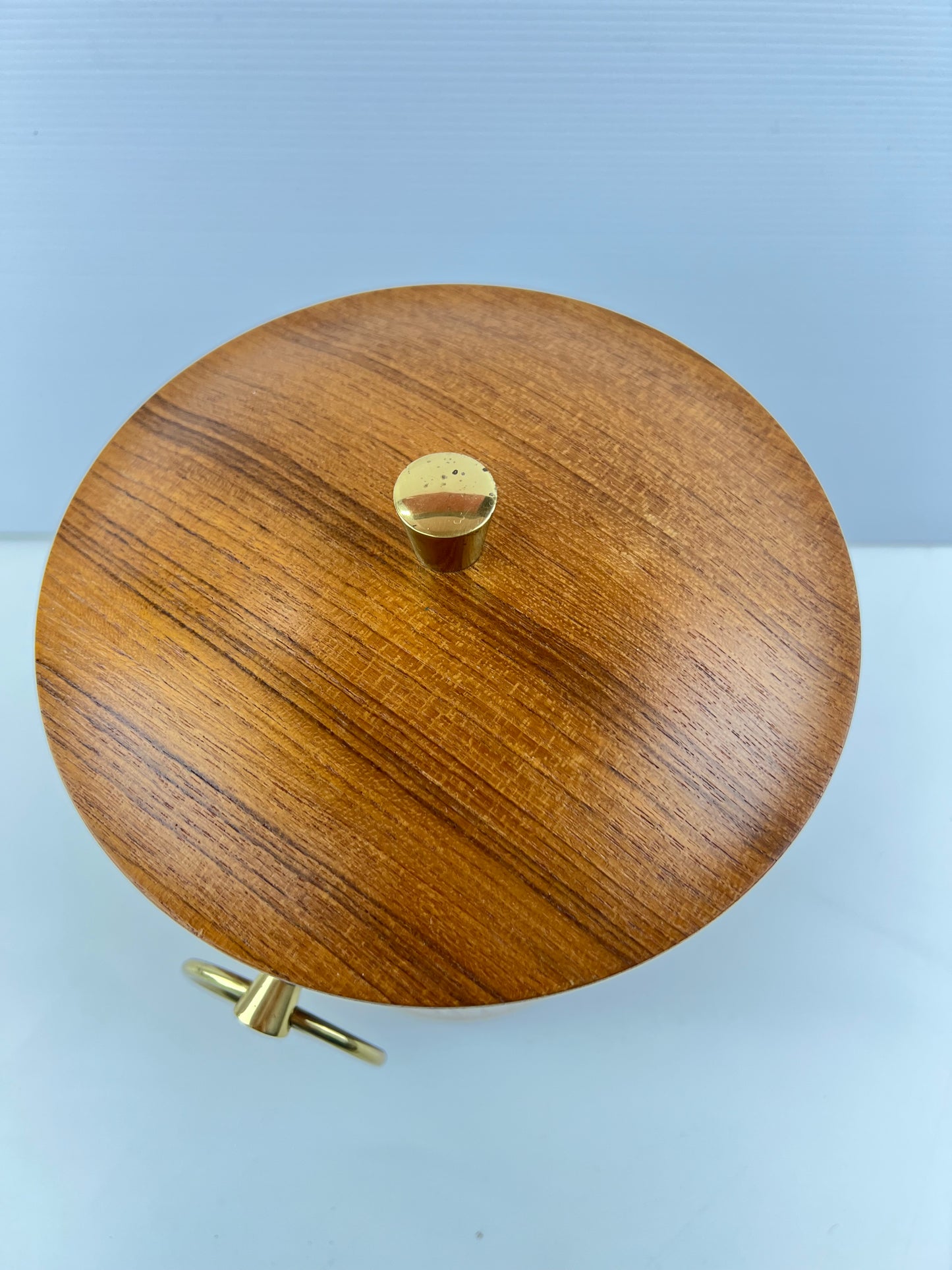 Teak Veneer & Brass Ice Bucket with Ring Handles