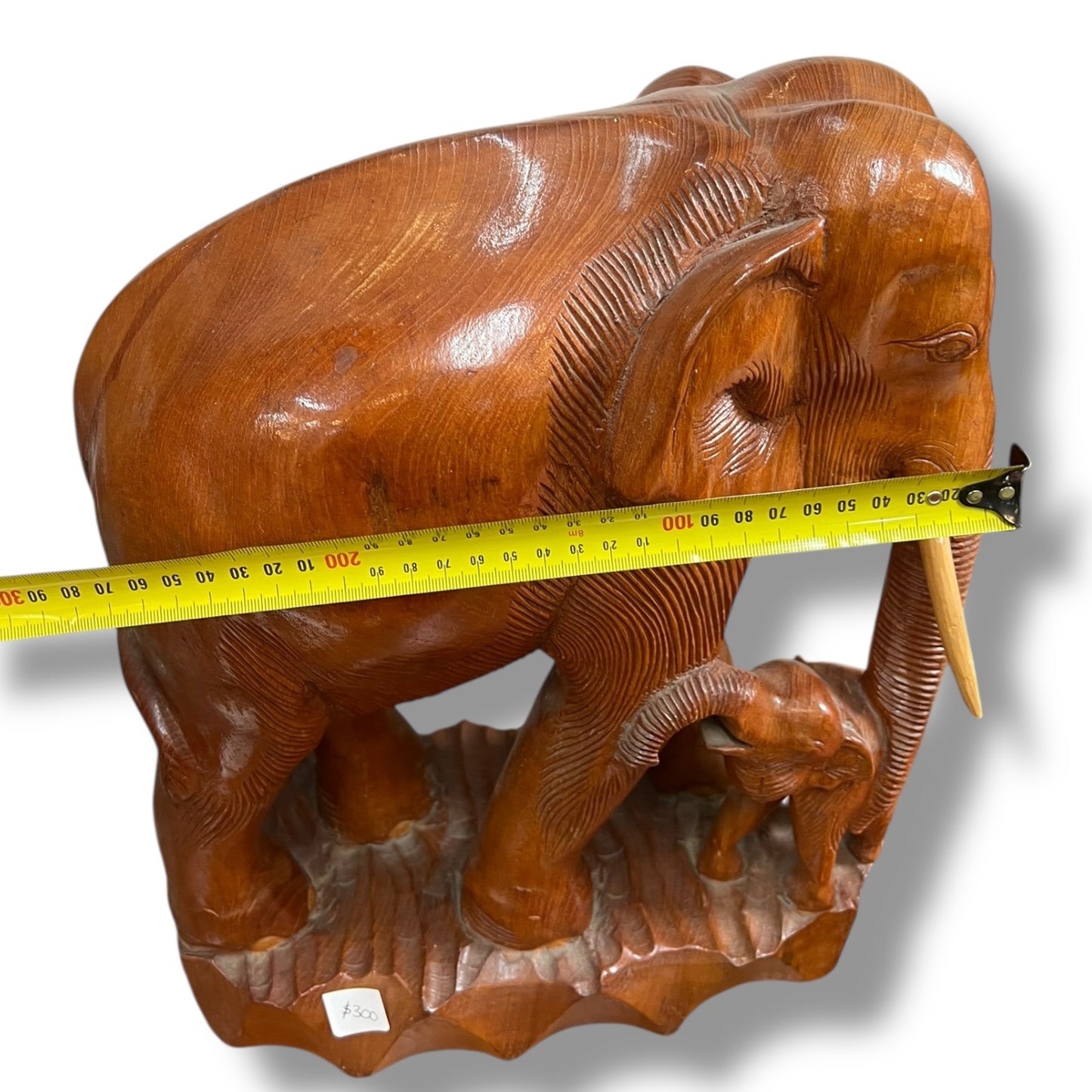 Large Hand-Carved Wooden Elephant and Calf Sculpture
