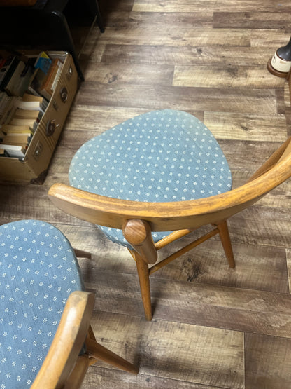 Pair of Timber Dining Chairs with Blue Patterned Upholstered Seats