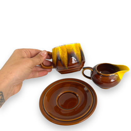Brown & Yellow Tea Cup, Saucer & cream jug