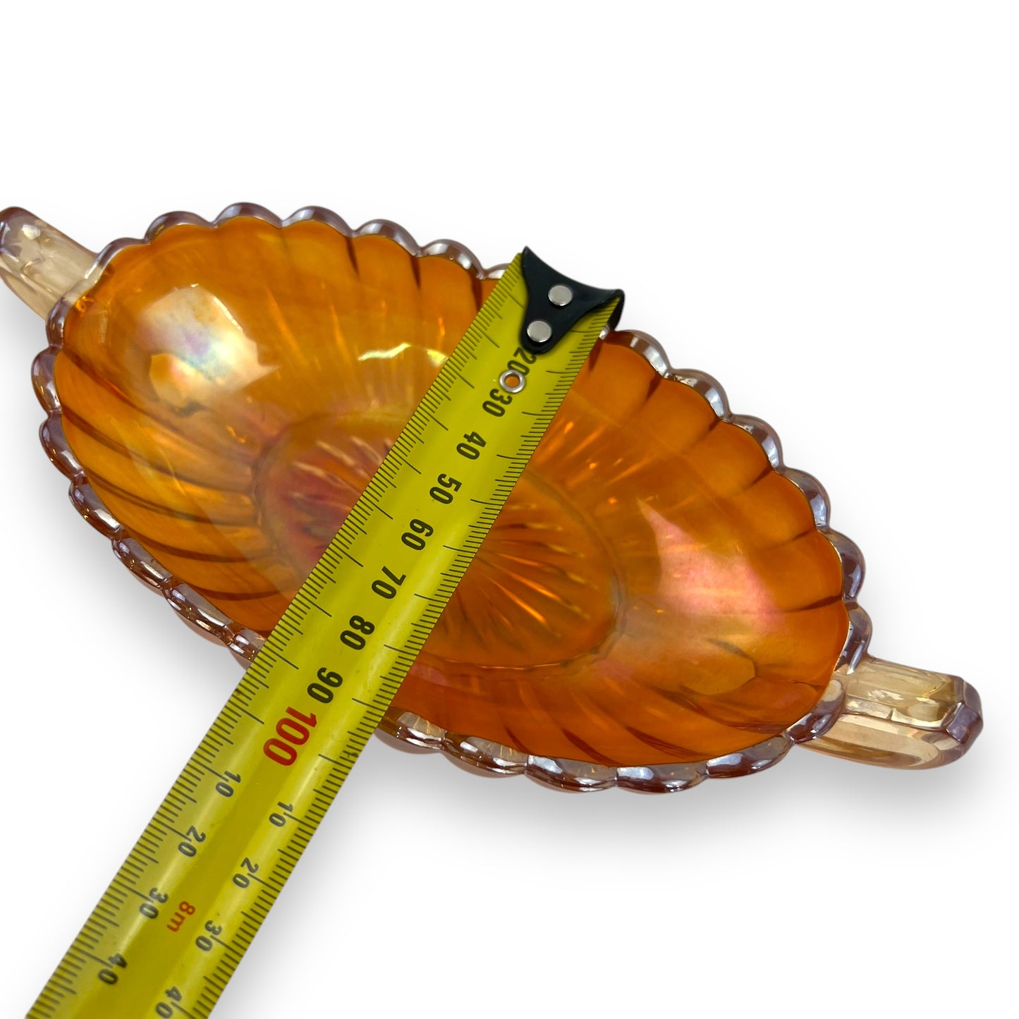 Carnival Glass, twin-handled oval dish in the "Marigold" color