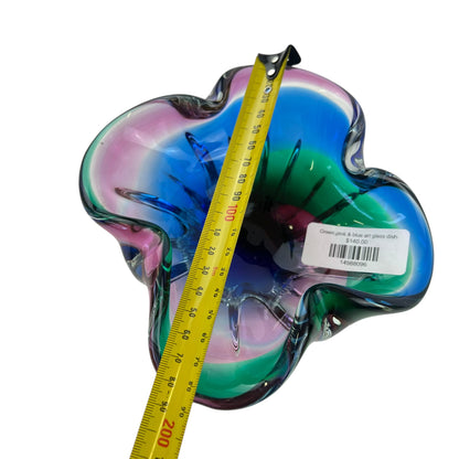 Green,pink & blue art glass dish
