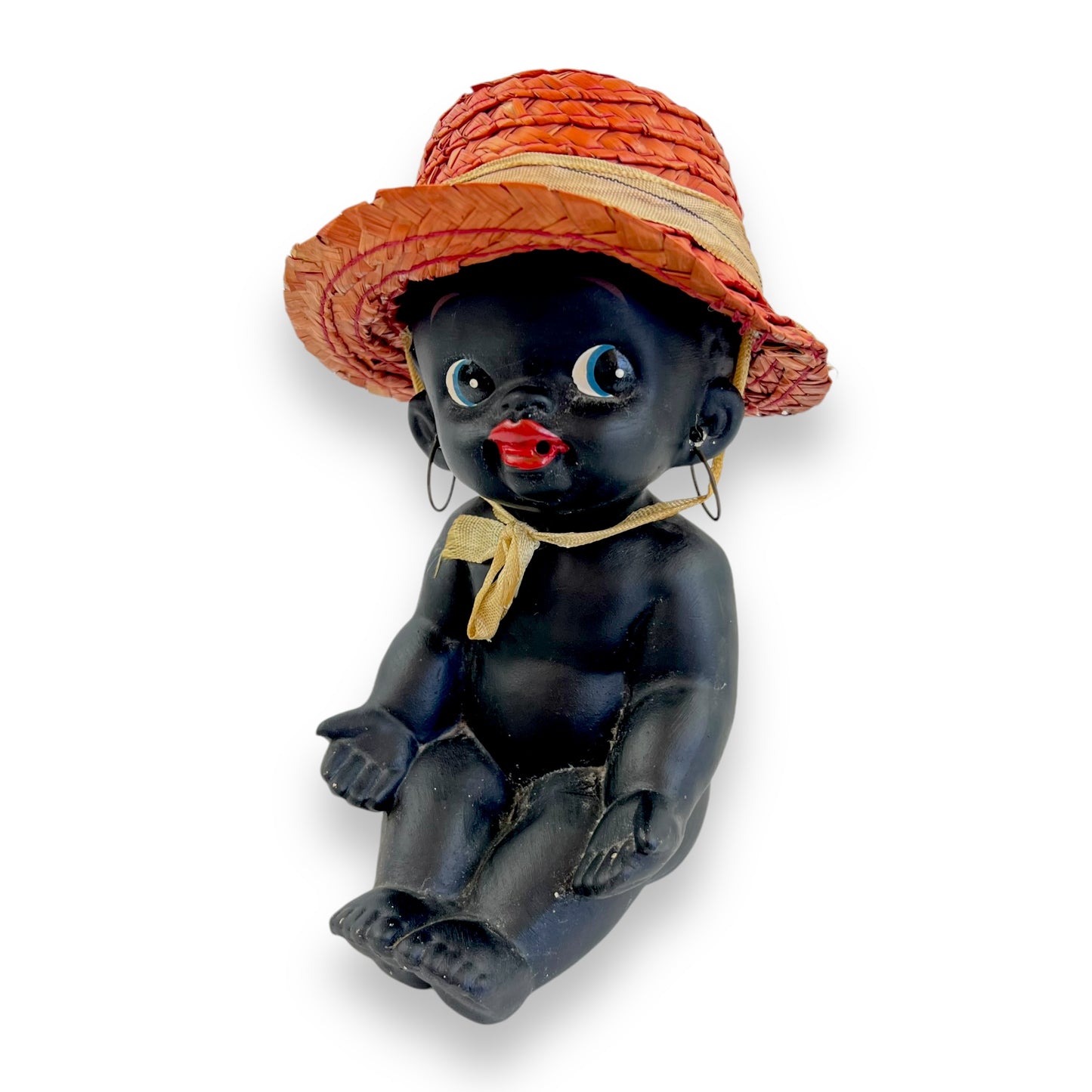 Black Ceramic Kewpie Doll with Straw Hat & Earrings - Made in Japan