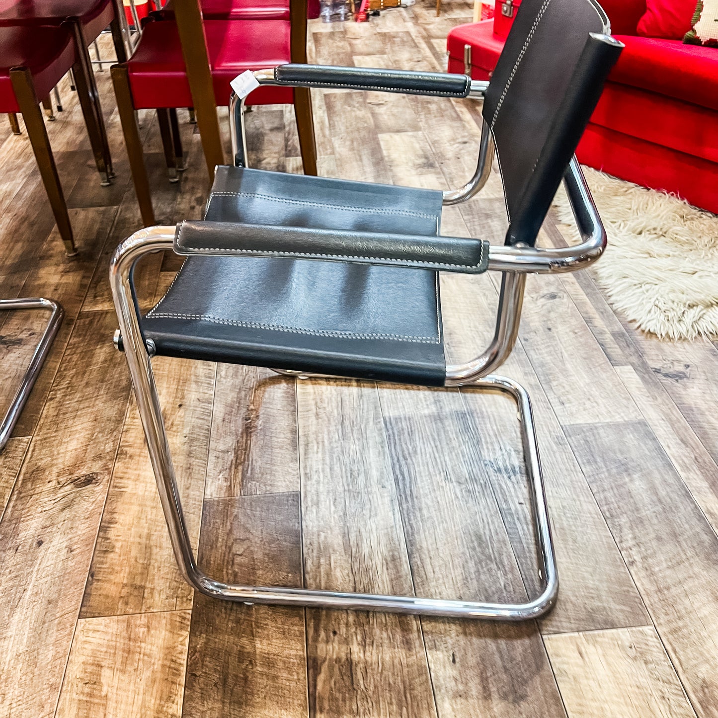 Black Leather & Chrome Cantilever Armchair