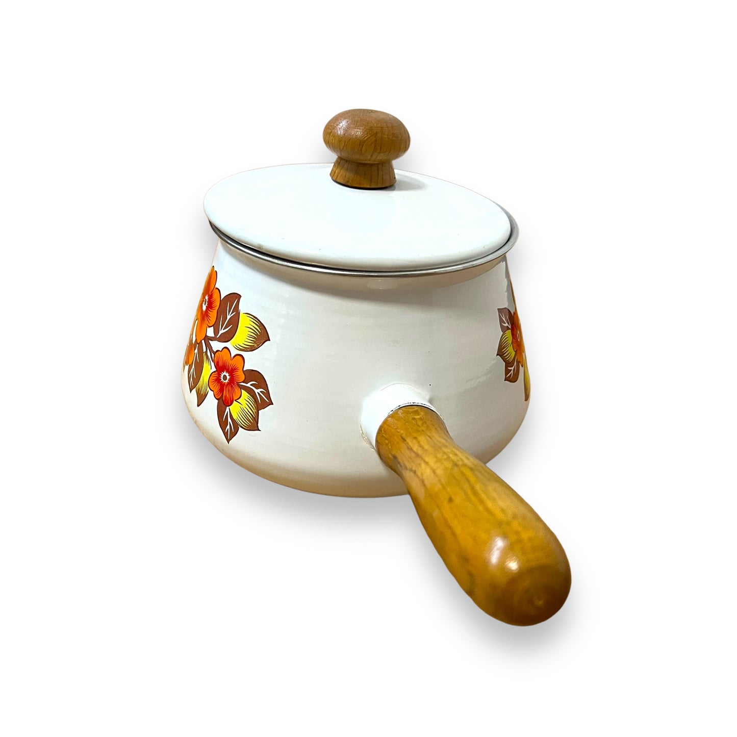 Floral Enamel Fondue Pot with Wooden Handle and Lid