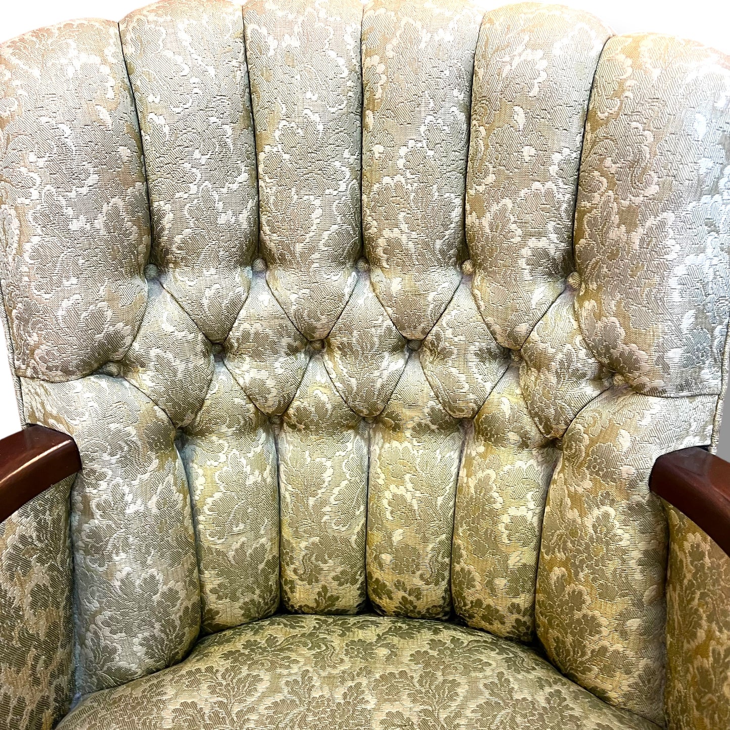 Antique Tufted Armchair – Ornate Timber Frame