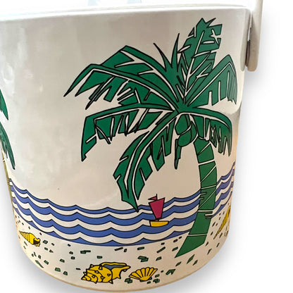 Beach Themed Ice Bucket with Tongs - Palm Trees and Ocean Design