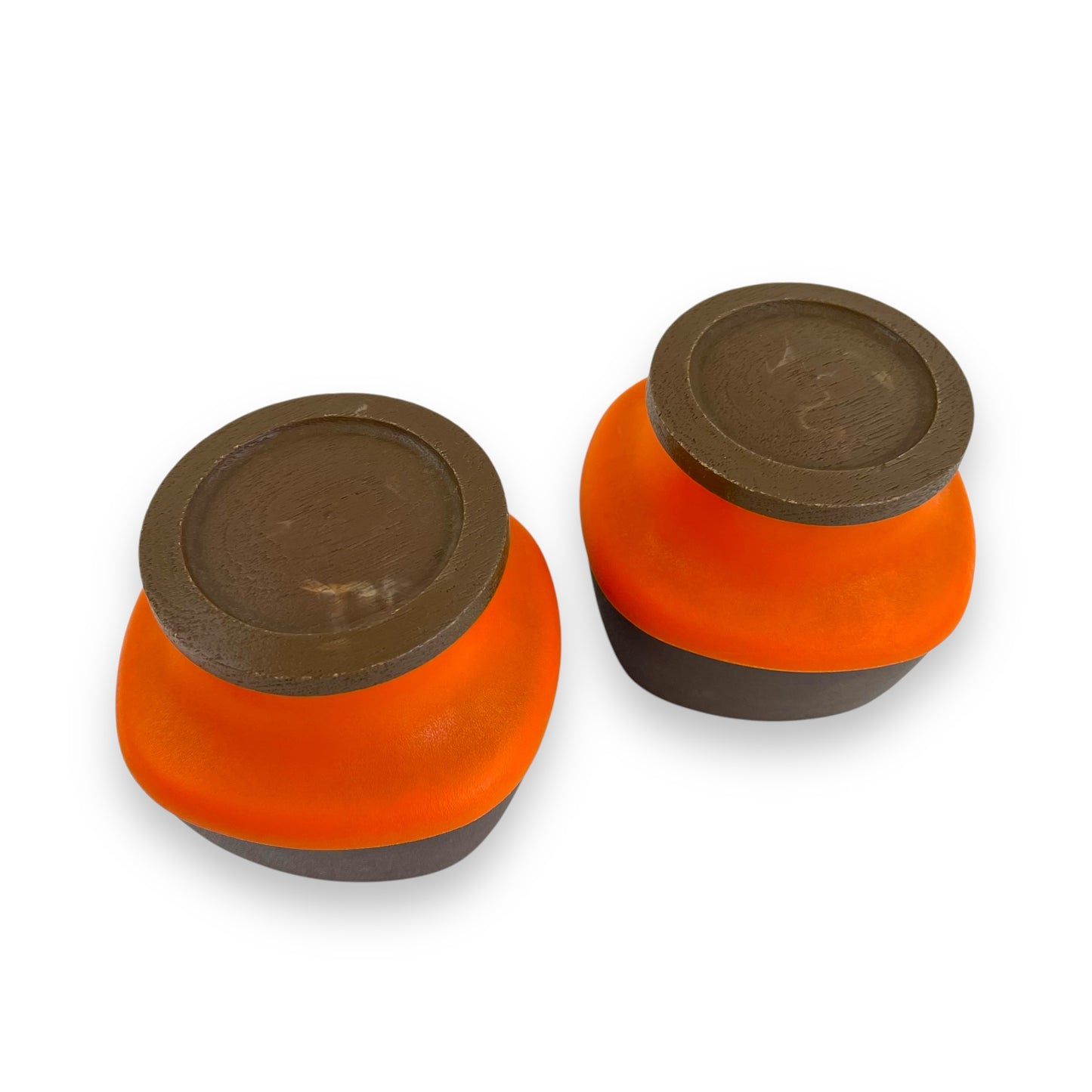 Orange and Brown Plastic Storage Canisters with suction wood look lids