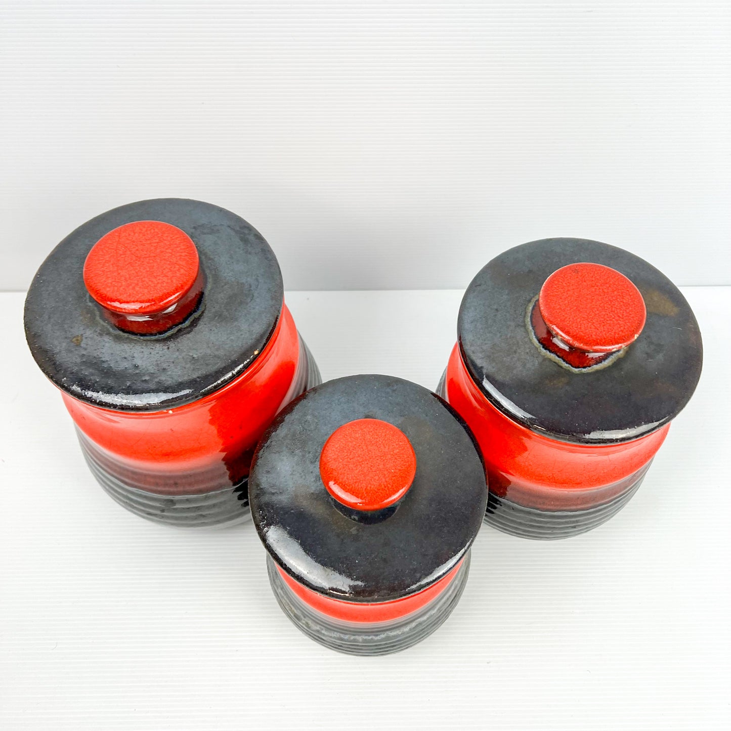 Mid Century Redish Orange & Black Glazed Kitchen Storage Jar Canisters with matching lids