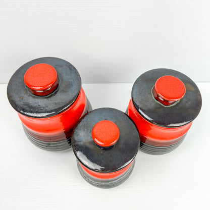 Mid Century Redish Orange & Black Glazed Kitchen Storage Jar Canisters with matching lids