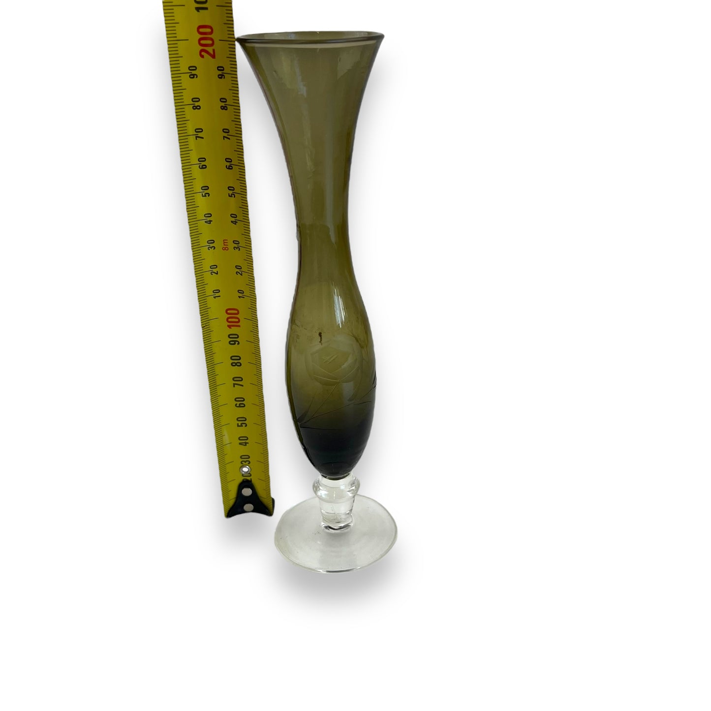 Smoked Glass Bud Vase – Handblown Olive Green Etched Glass Vase with Clear Stem