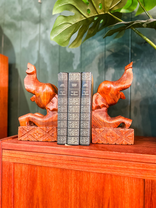 Hand-Carved Wooden Elephant Bookends — Pair