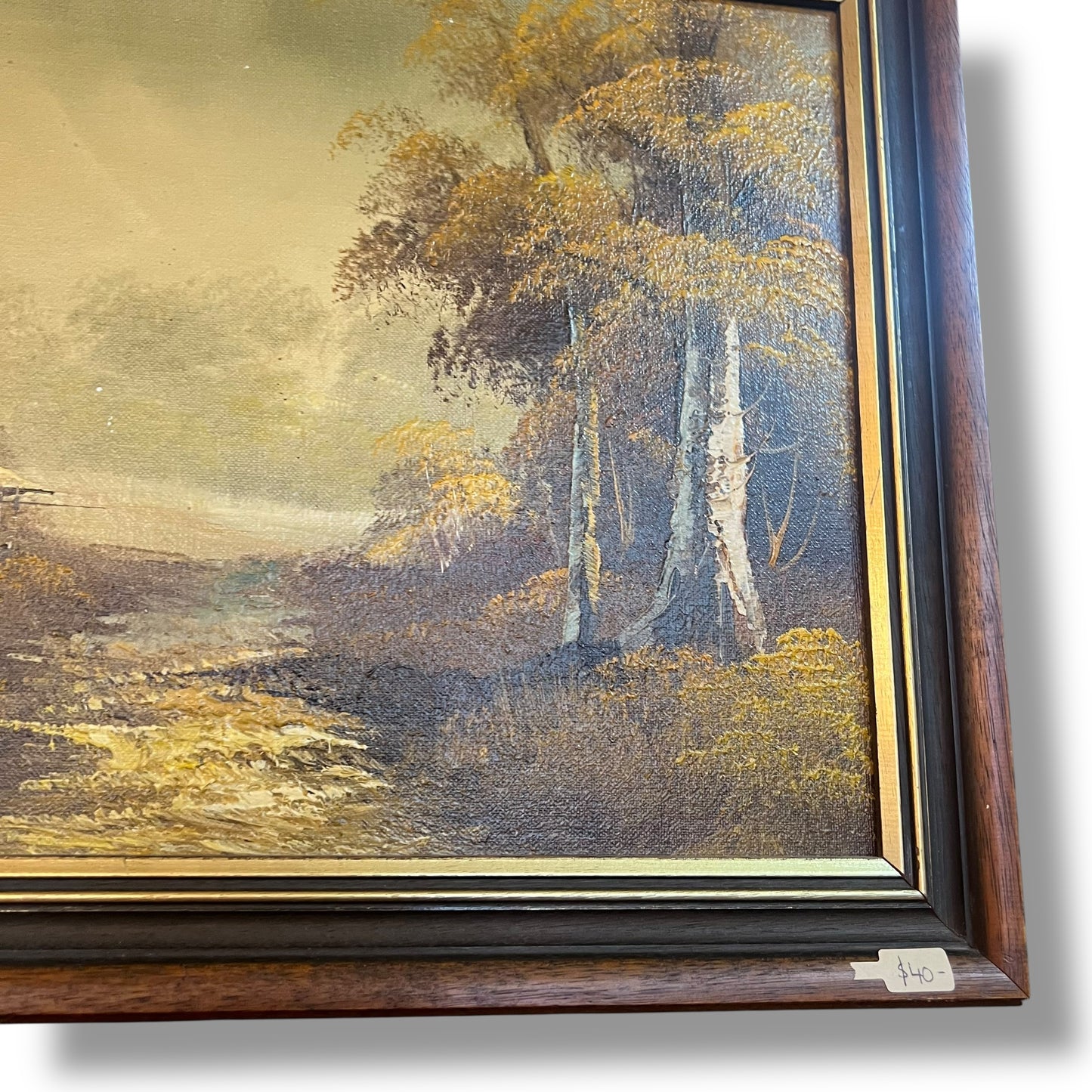 Rustic Cabin in Autumn Landscape – Vintage Framed Oil Painting Reproduction