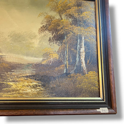 Rustic Cabin in Autumn Landscape – Vintage Framed Oil Painting Reproduction