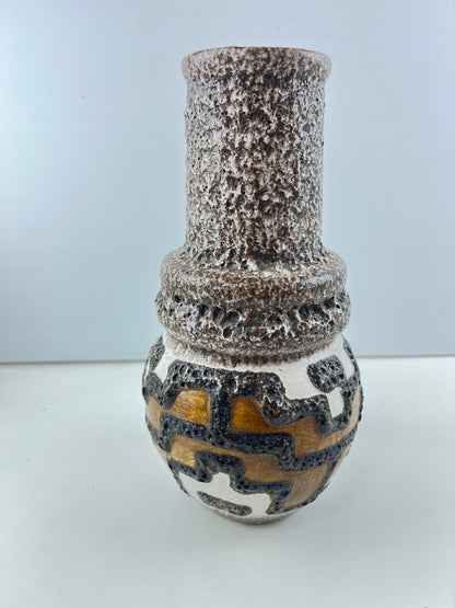 West German Pottery Lava Glaze Handled Vase – Brown, White & Ochre