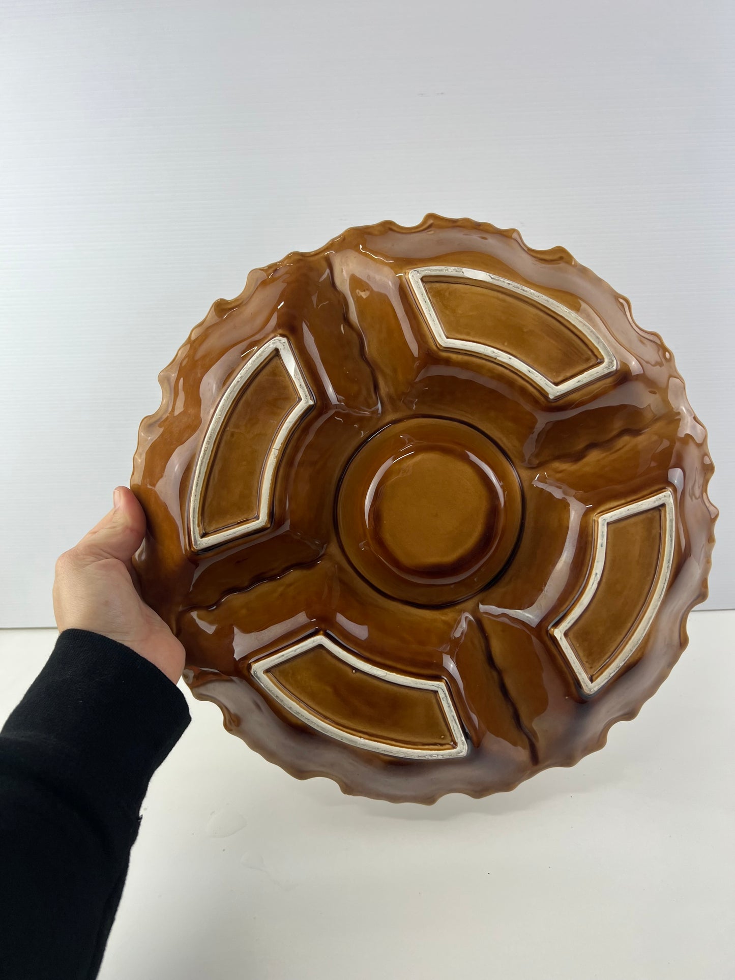 Ceramic Divided Serving Platter with Lidded Centre Bowl – Orange & Brown