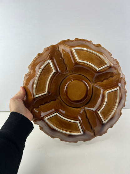 Ceramic Divided Serving Platter with Lidded Centre Bowl – Orange & Brown