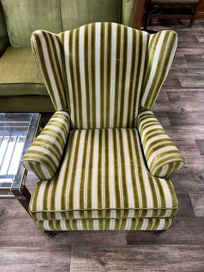1. Vintage Green Striped Wingback Armchair