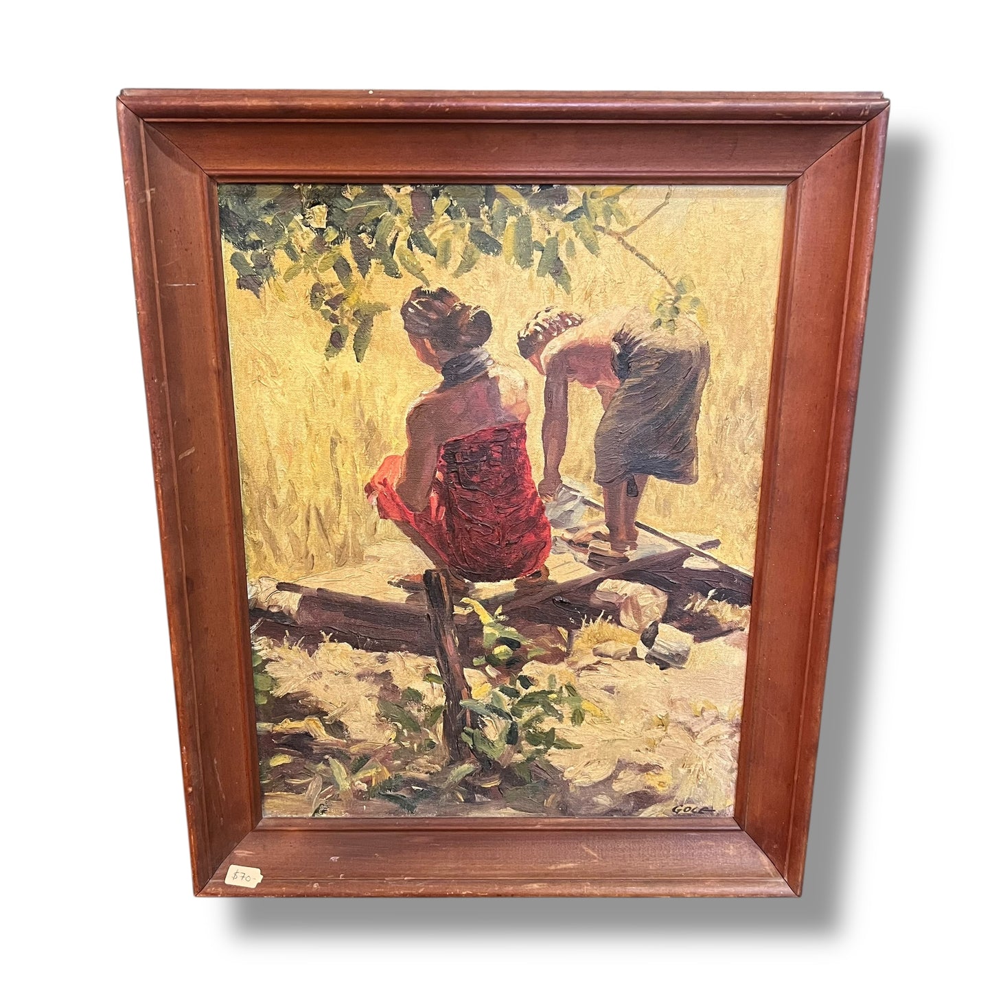 Two Women in Sunlit Field, Homage to “The Summer” by Bubnov, Signed “Gole” Oil Painting