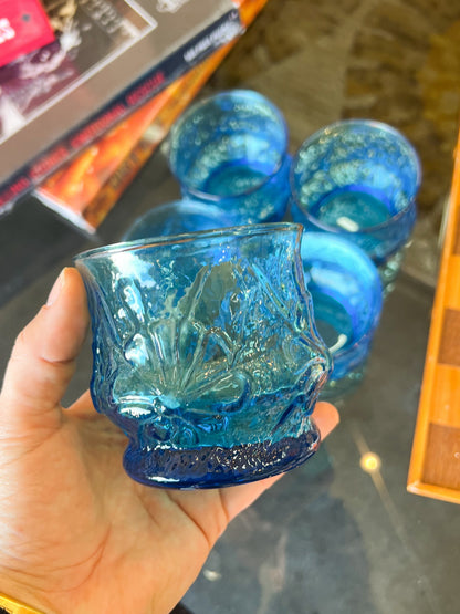 Anchor Hocking Rainflower Laser Blue Glasses- Set of 5 Vintage 1970s