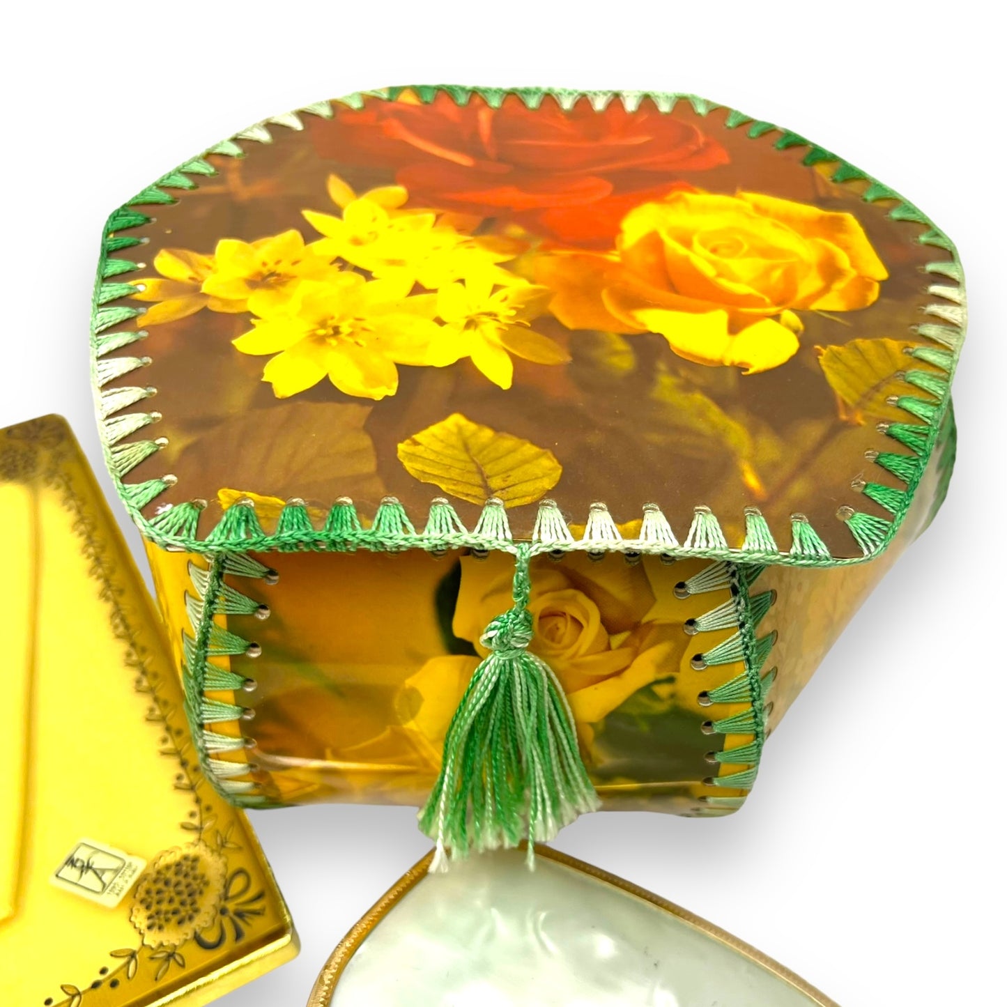 Vintage Folk Art Craft Card Box with Red and Yellow Roses