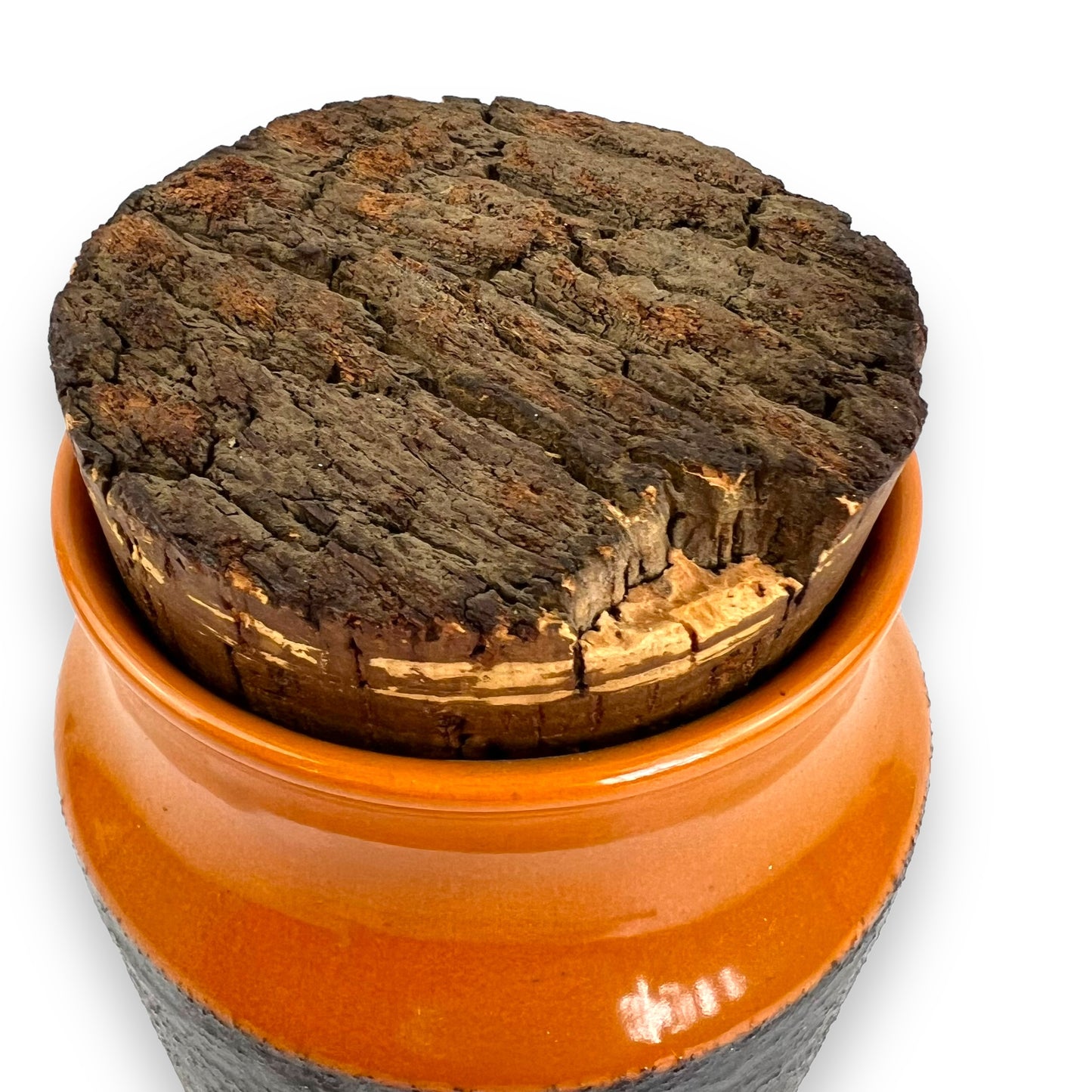 Hanstan Pottery “Tea” Canister Orange & Brown with Cork Lid