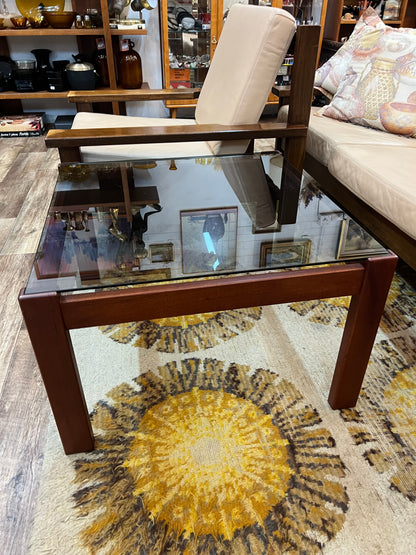 Mid-Century Modern Square Smoked Glass Coffee Table with Rich Reddish-Brown Timber Frame