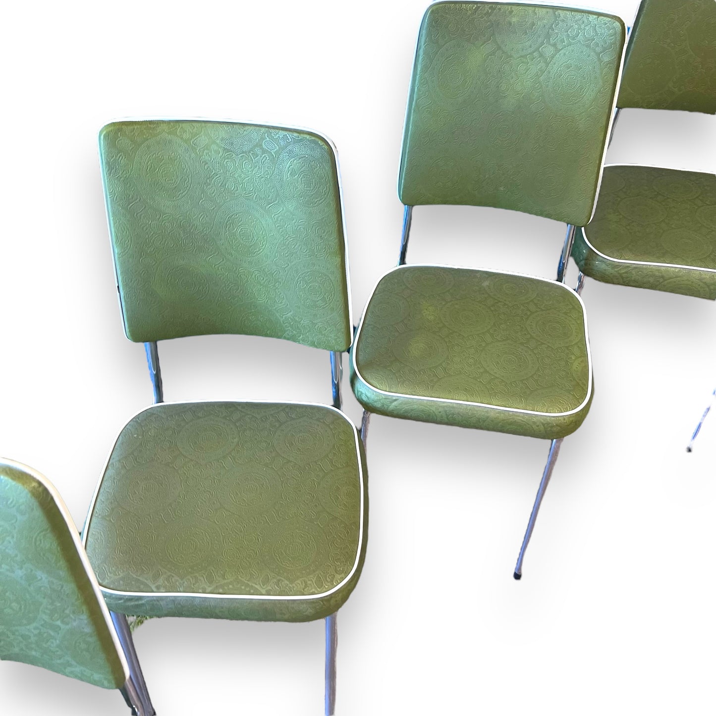 Set of 4 Vintage Green Vinyl Dining Chairs with Chrome Legs