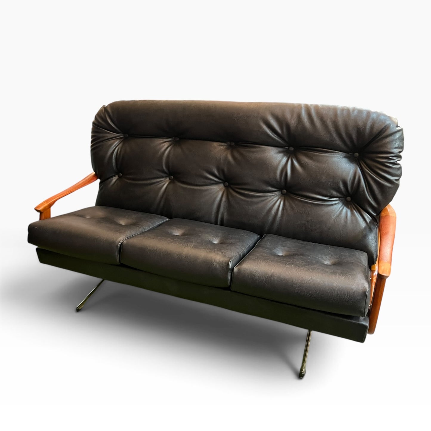 Black Vinyl 3-Seater Lounge with Timber Arms