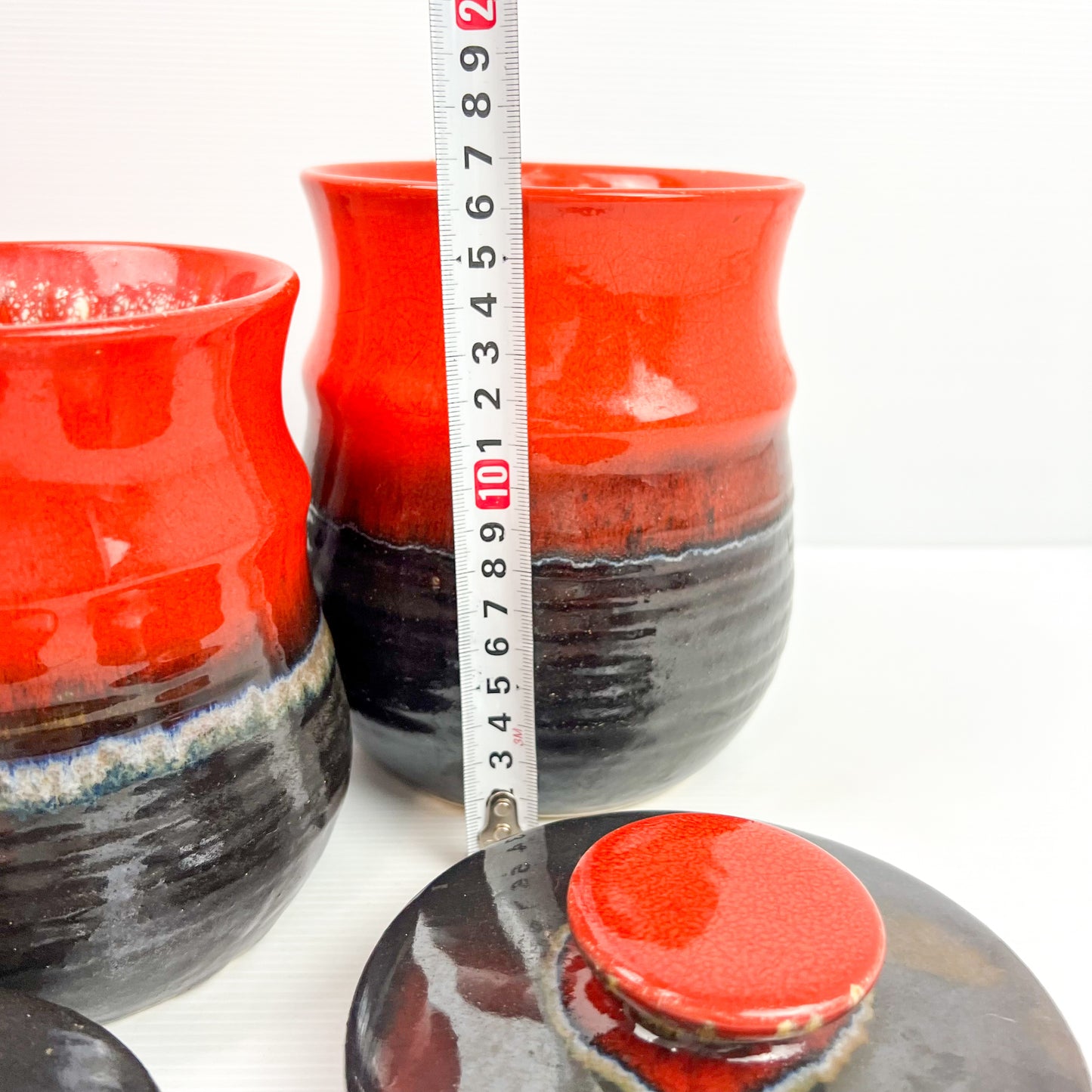Mid Century Redish Orange & Black Glazed Kitchen Storage Jar Canisters with matching lids