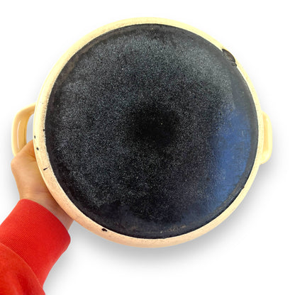 Orange and brown stripe cream coloured enamel cooking pot large