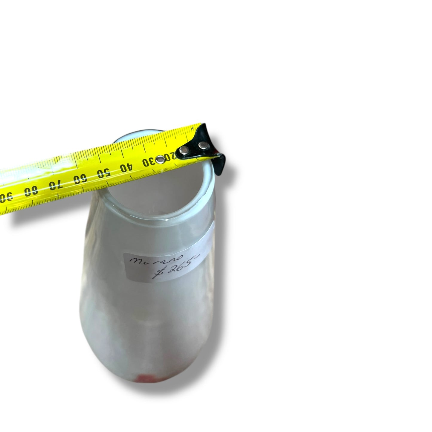 Italian art glass vase in glossy opaque white with a striking reddish-orange spiral accent