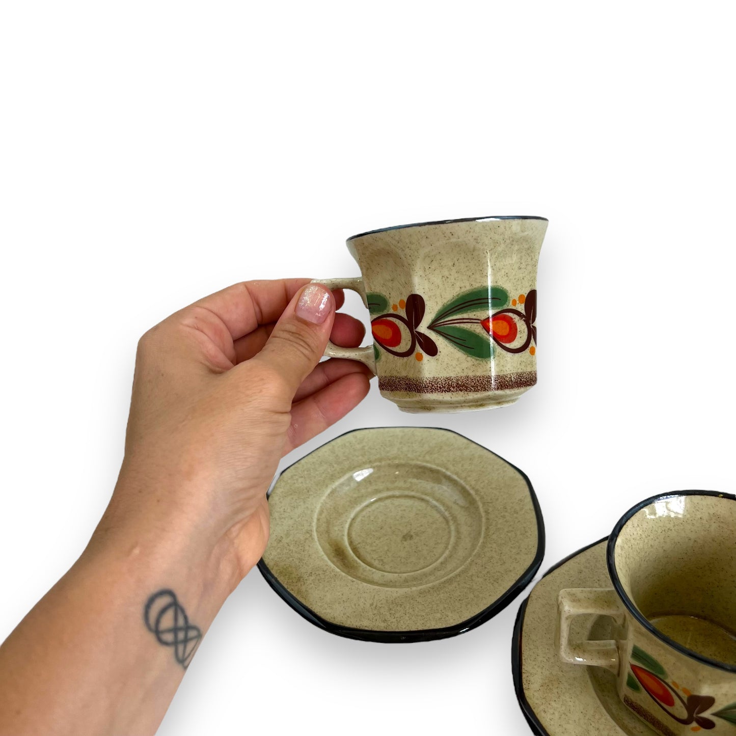 Italian Pottery Tea Set - 5 Cups and Saucers with Hand-Painted Fruit Design