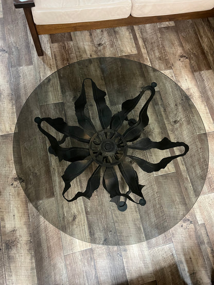 Brutalist Sculptural Metal & Smoked Glass Coffee Table – 91.5cm diameter
