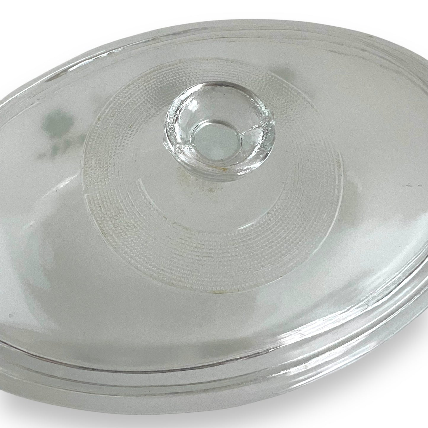 Glasbake oval white glass dish with clear lid and geeen decal