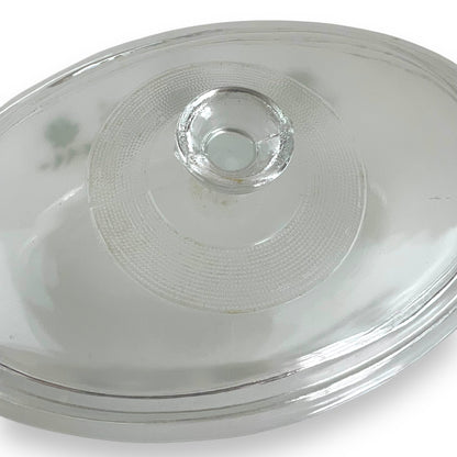 Glasbake oval white glass dish with clear lid and geeen decal