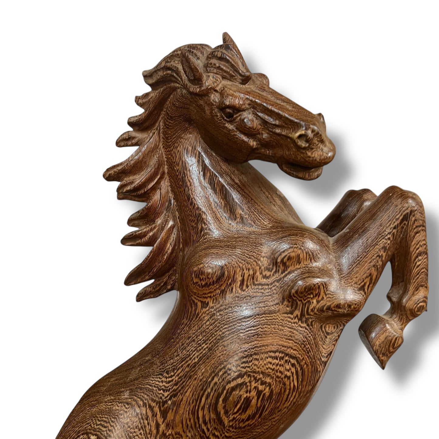 Large Hand-Carved Wooden Rearing Horse Sculpture