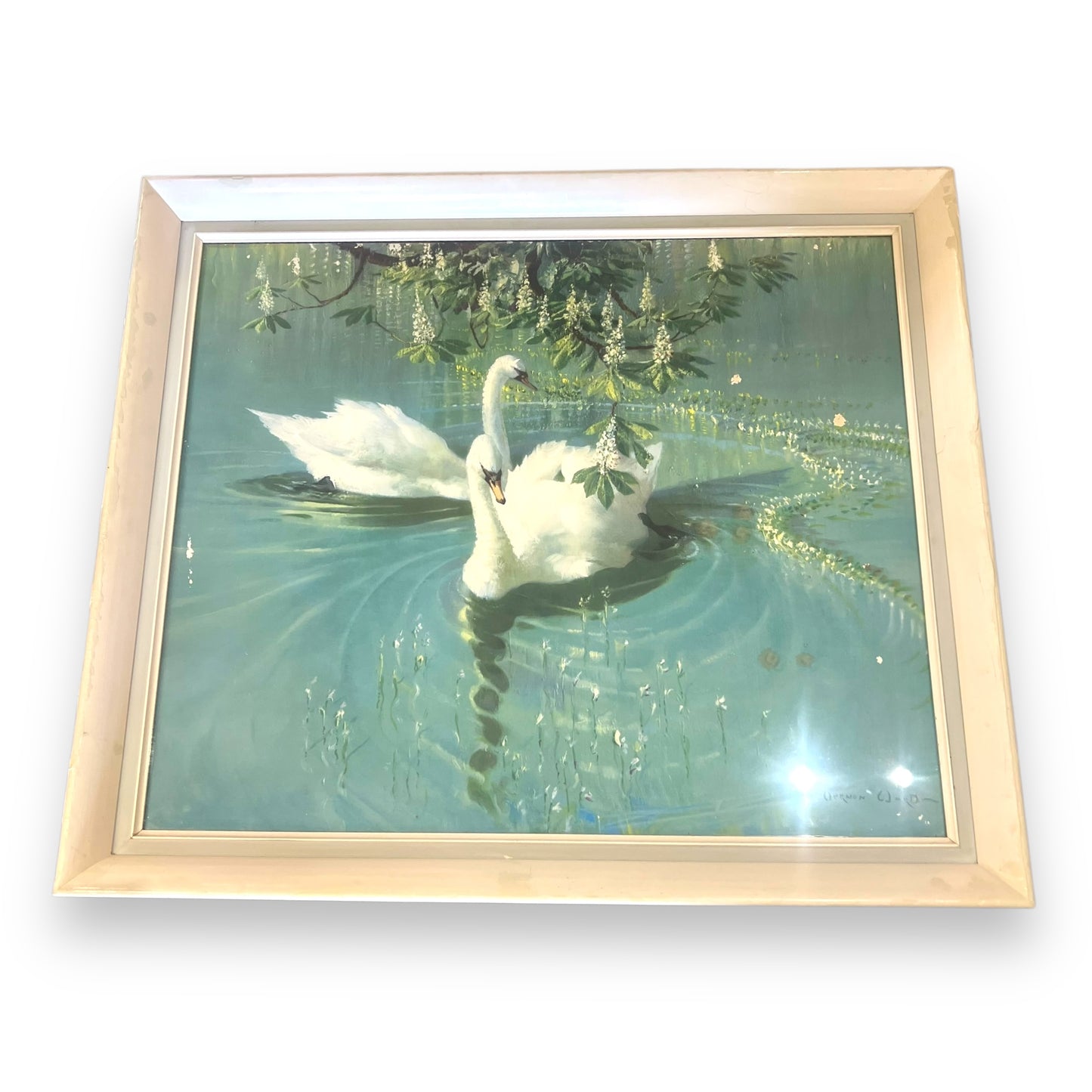 Vernon Ward Harmony of Spring – 1960s Midcentury Swan Art Print in Cream Frame