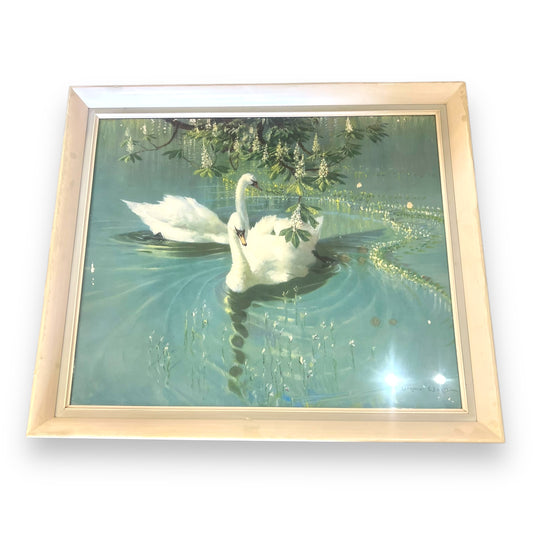 Vernon Ward Harmony of Spring – 1960s Midcentury Swan Art Print in Cream Frame