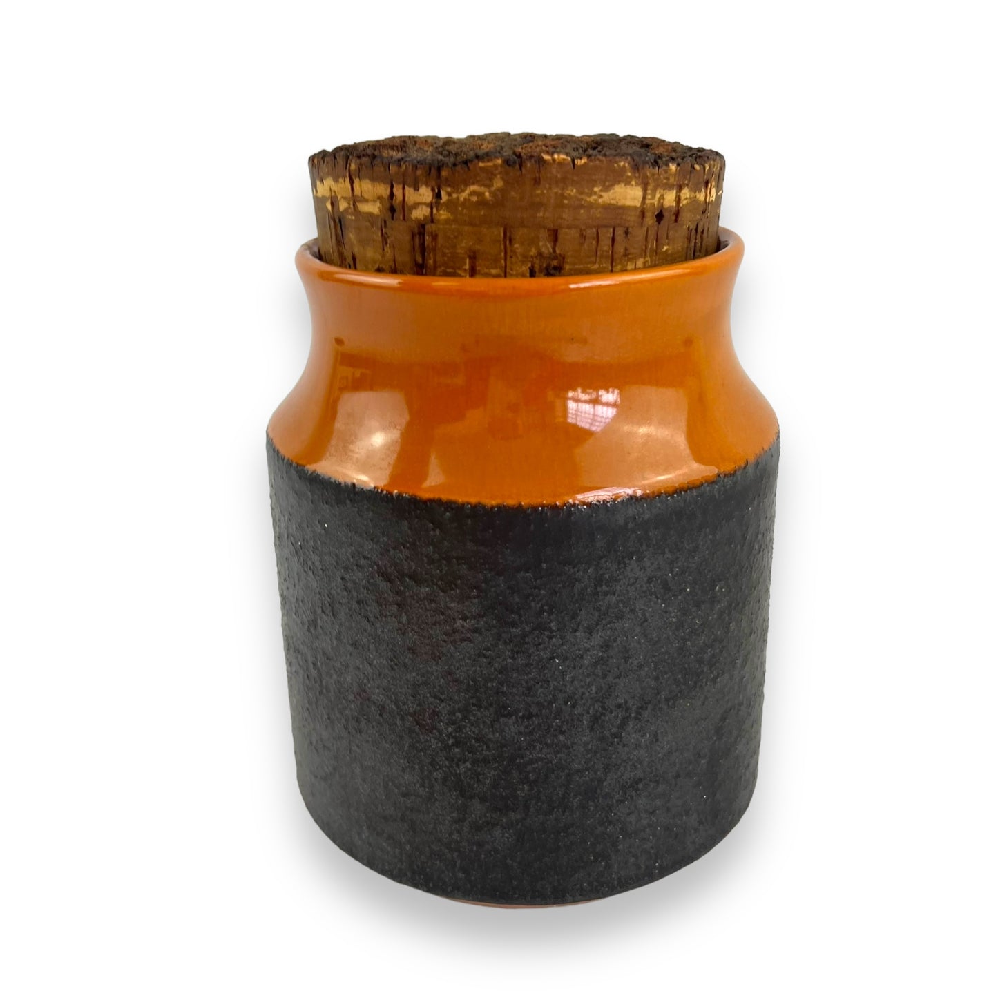 Hanstan Pottery “Tea” Canister Orange & Brown with Cork Lid